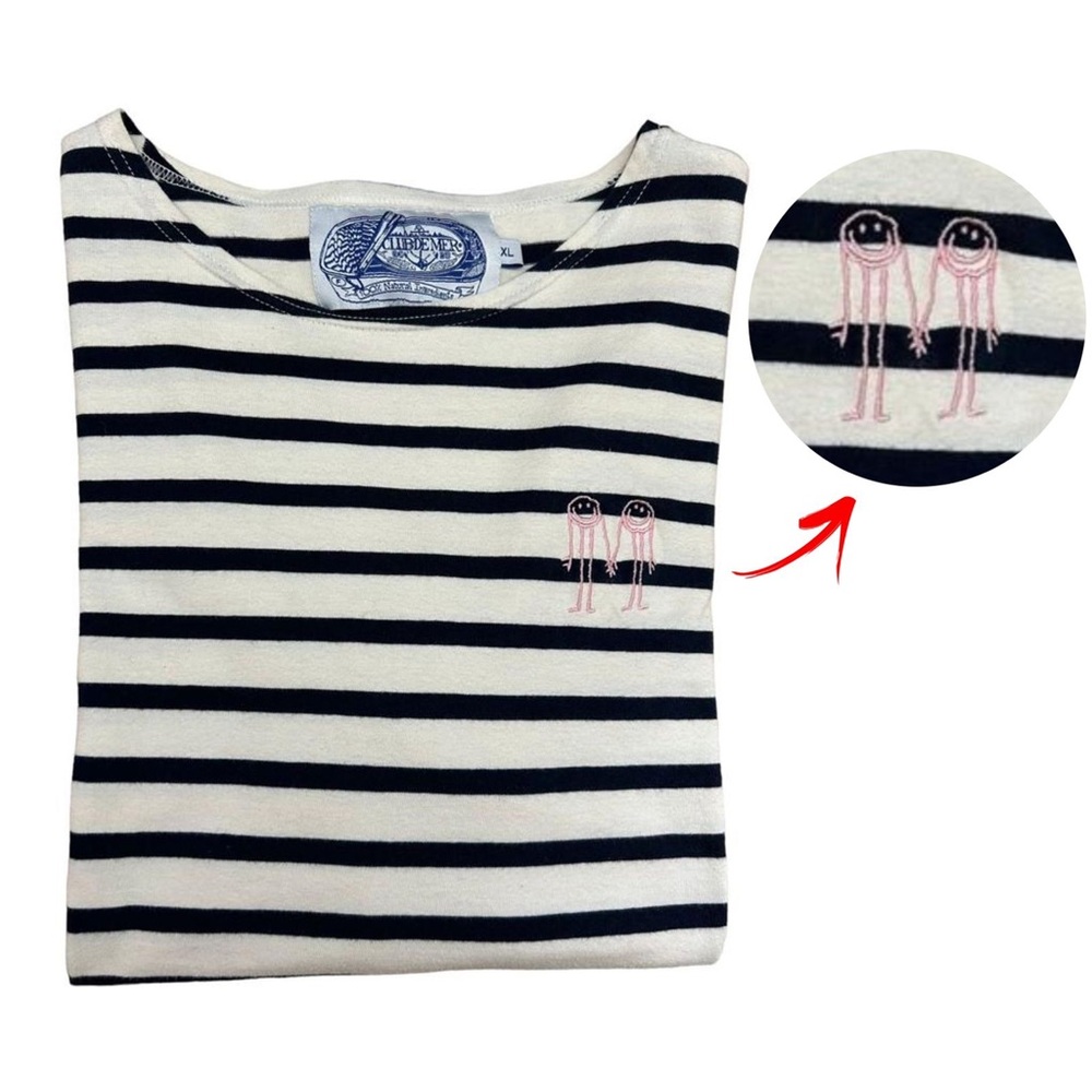 Club De Mer Brenton Stripe Long Sleeves Tee Navy Ivory Embroidered Girls in Pink